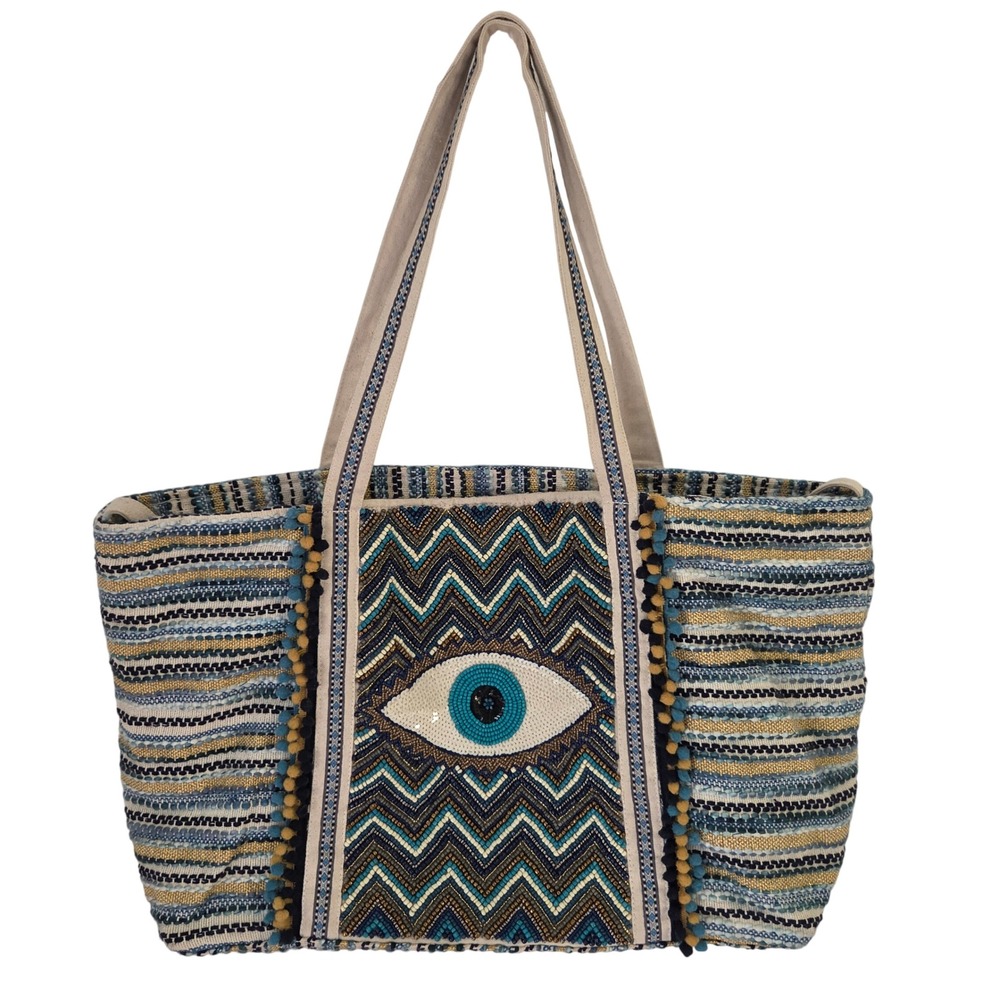 America & Beyond Evil Eye Beaded Woven Tote Bag Blue Gold Boho Pom Pom Trim